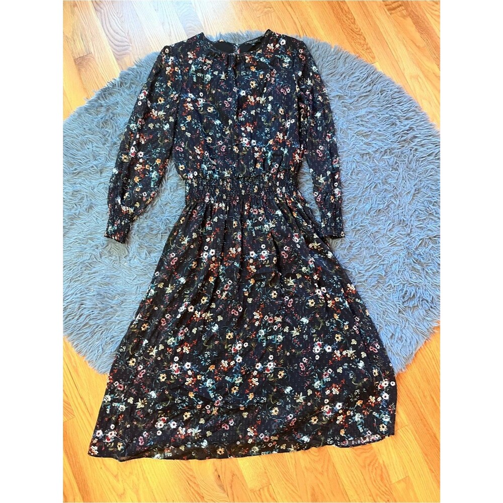 Marie Lund Black Dark Floral Midi Dress Long Sleeves Smocked Size 10